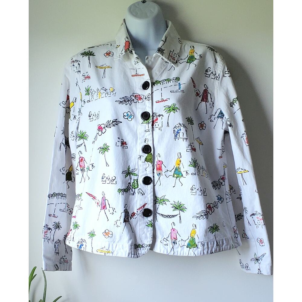 Keren Hart Womens White Denim Friends Jacket Size Medium Beachy Travel Cute Boho